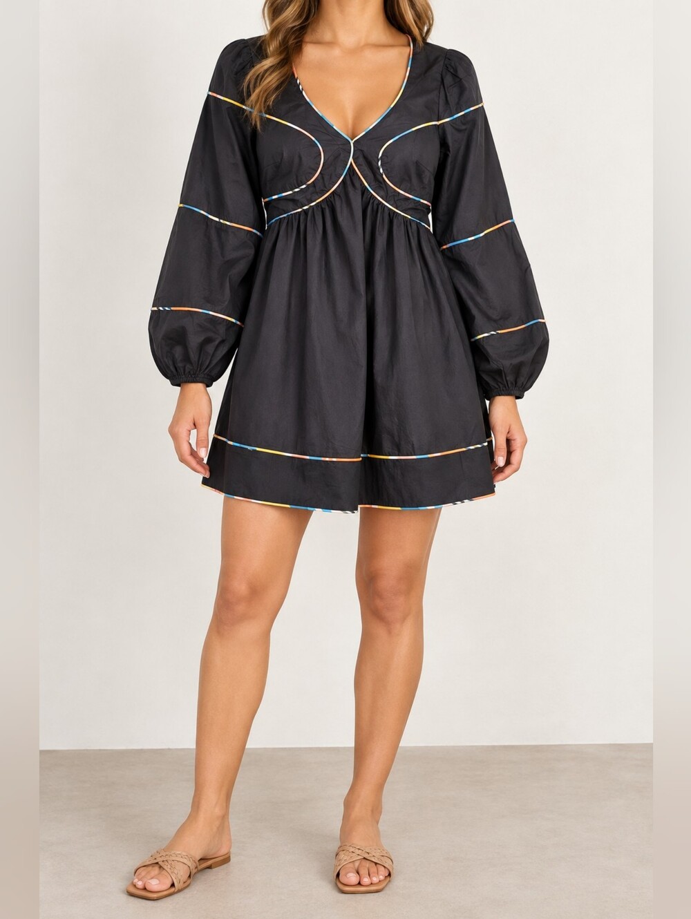 Bandit and the Babe Asti Black Rainbow Piping Babydoll Mini Dress S